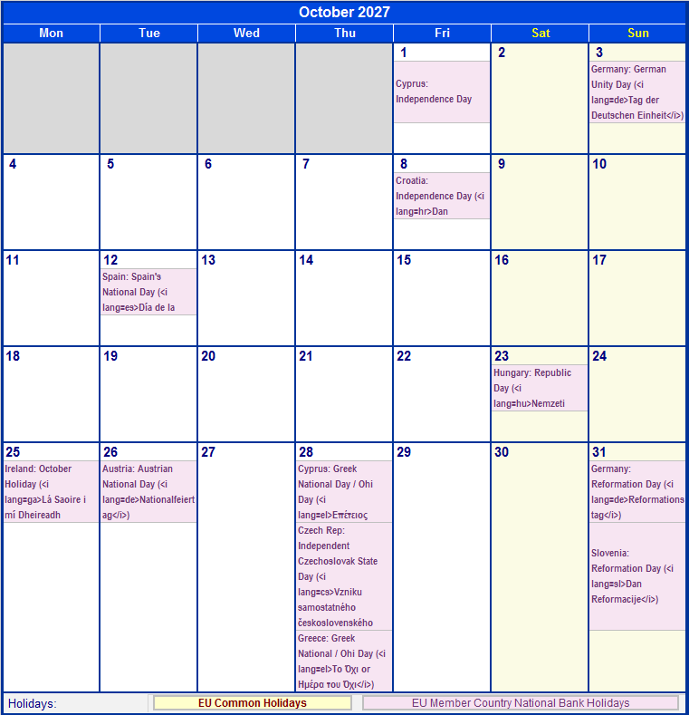 October 2027 Printable Calendar with EU common Holidays & EU Member Country National & Bank Holidays