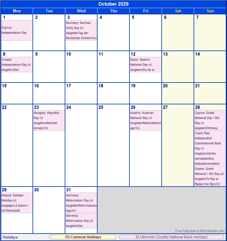 October 2029 Printable Calendar with EU common Holidays & EU Member Country National & Bank Holidays
