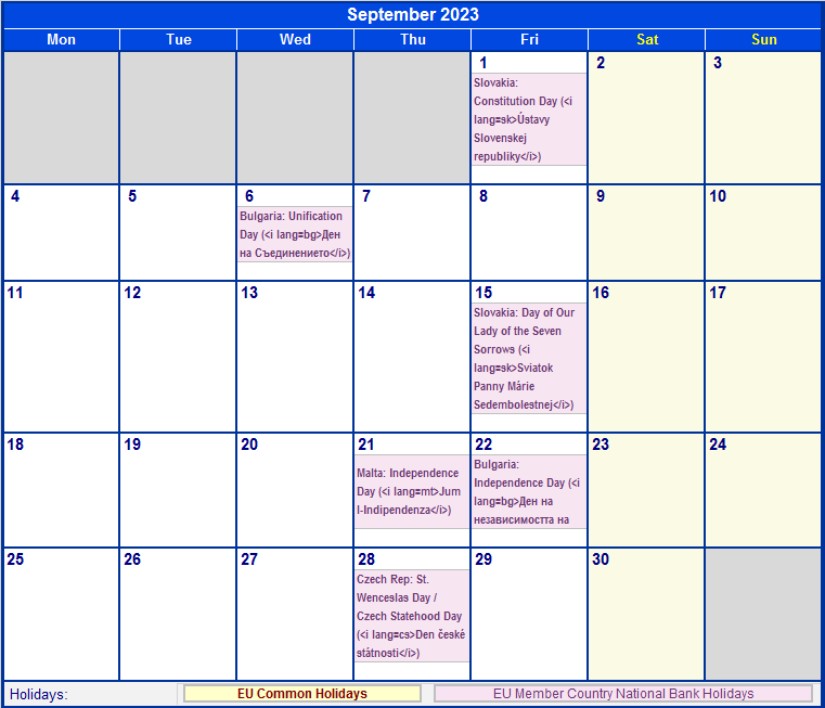 September 2023 Printable Calendar with EU common Holidays & EU Member Country National & Bank Holidays