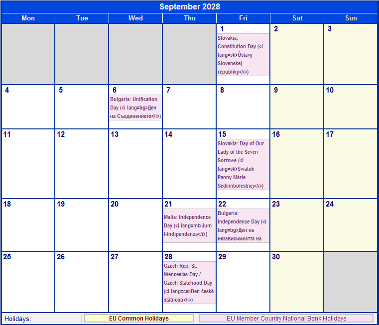 September 2028 Printable Calendar with EU common Holidays & EU Member Country National & Bank Holidays