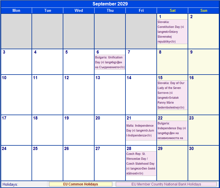 September 2029 Printable Calendar with EU common Holidays & EU Member Country National & Bank Holidays