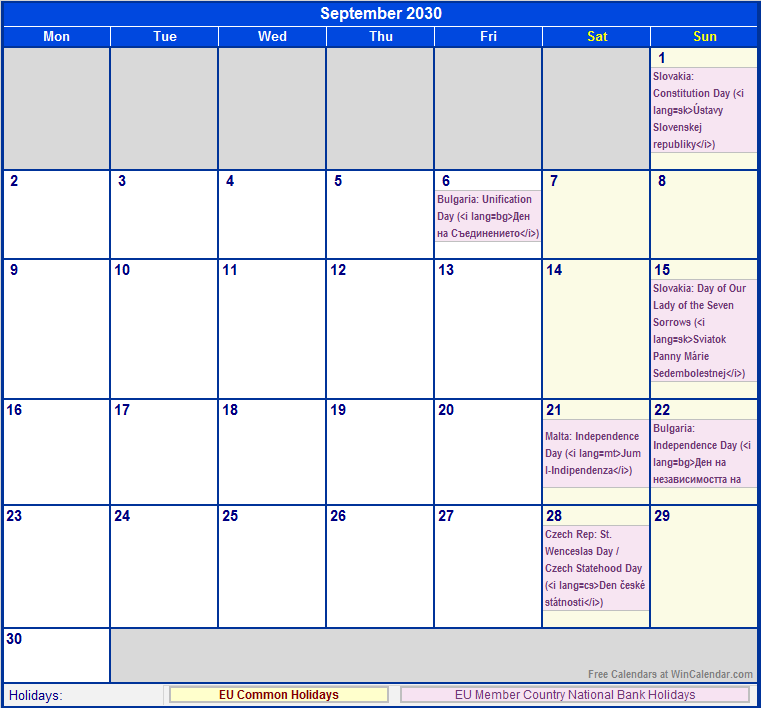 September 2030 Printable Calendar with EU common Holidays & EU Member Country National & Bank Holidays