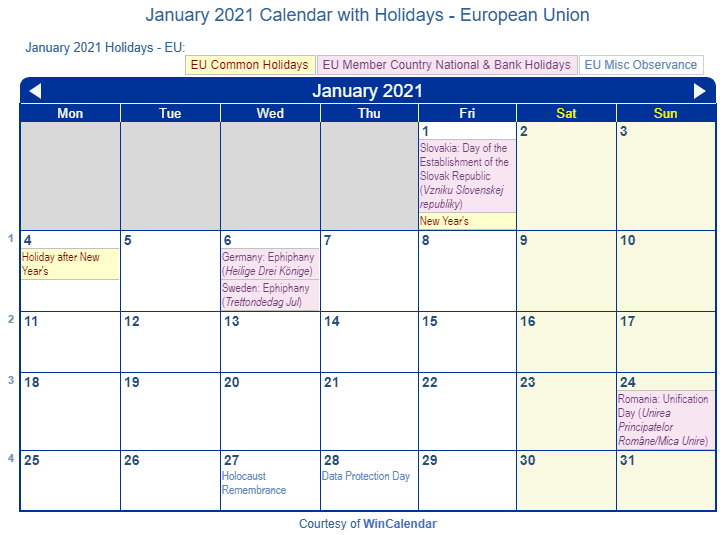 Print Friendly January 2021 Eu Calendar For Printing