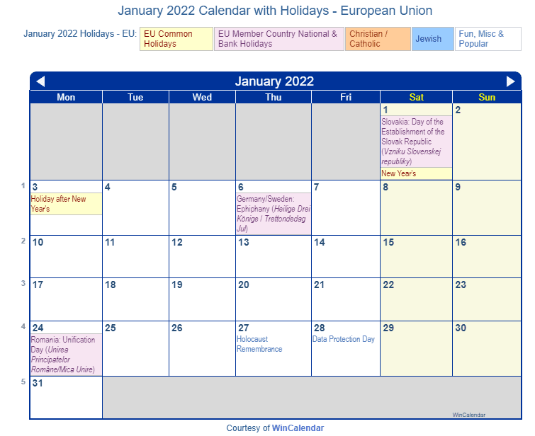 January 2022 Calendar with EU Holidays to Print