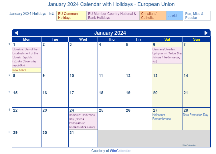 January 2024 Calendar with EU Holidays to Print