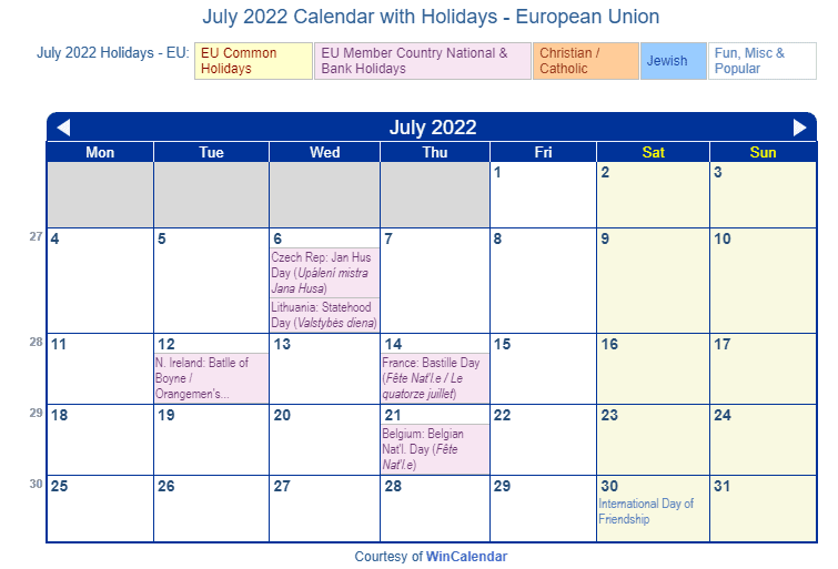 July 2022 Calendar with EU Holidays to Print