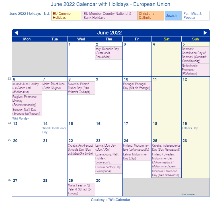 June 2022 Calendar with EU Holidays to Print