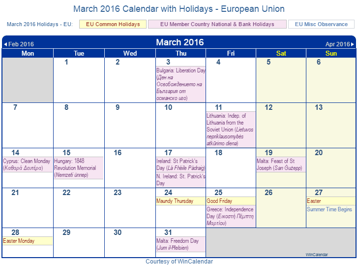 Print Friendly March 2016 EU Calendar for printing