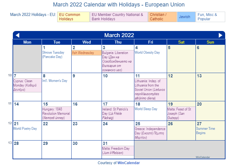March 2022 Calendar with EU Holidays to Print