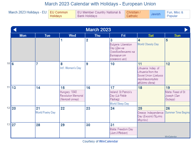 March 2023 Calendar with EU Holidays to Print