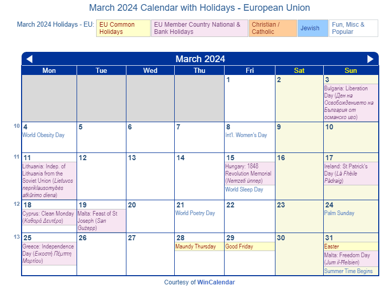 March 2024 Calendar with EU Holidays to Print