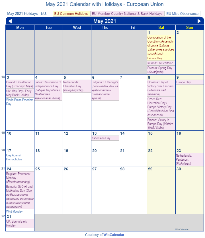 May 2021 Calendar with EU Holidays to Print