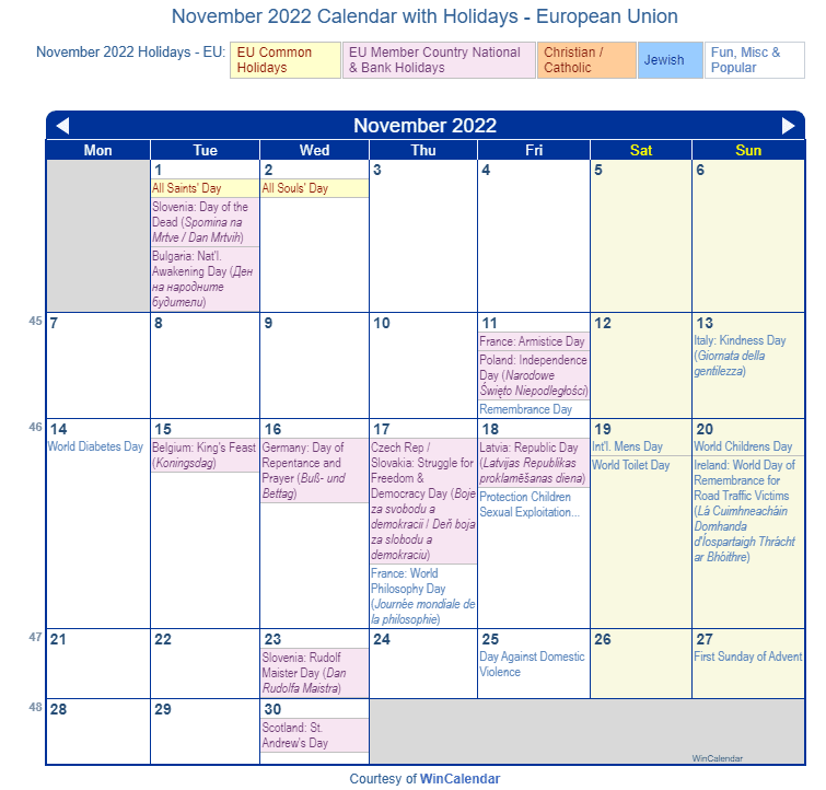November 2022 Calendar with EU Holidays to Print