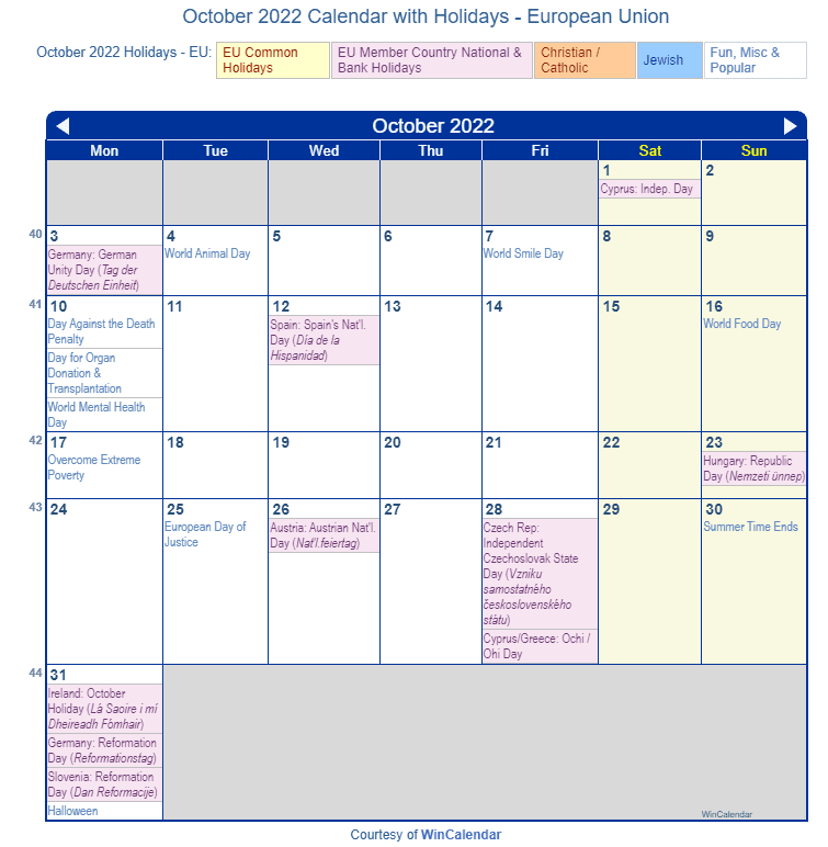 October 2022 Calendar with EU Holidays to Print