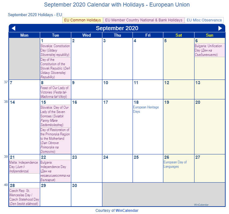 Print Friendly September 2020 EU Calendar for printing