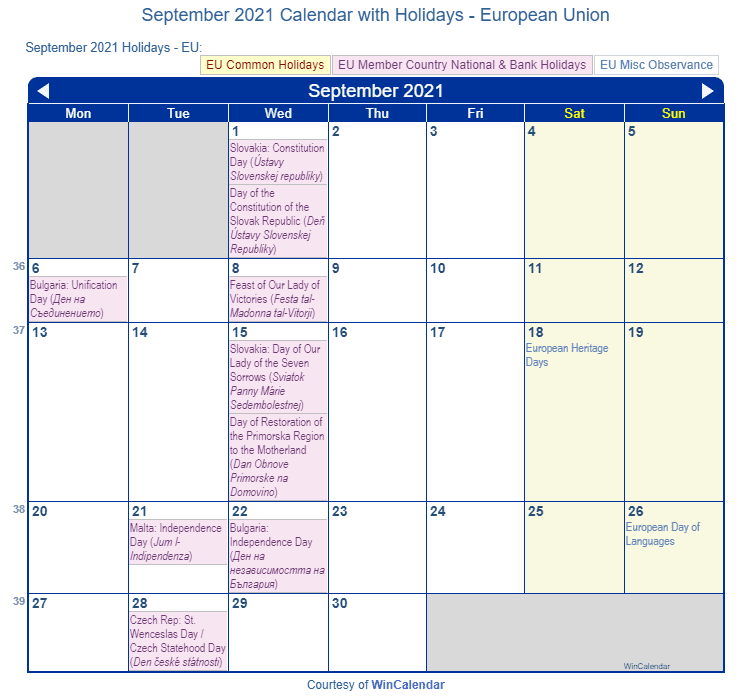 September 2021 Calendar with EU Holidays to Print