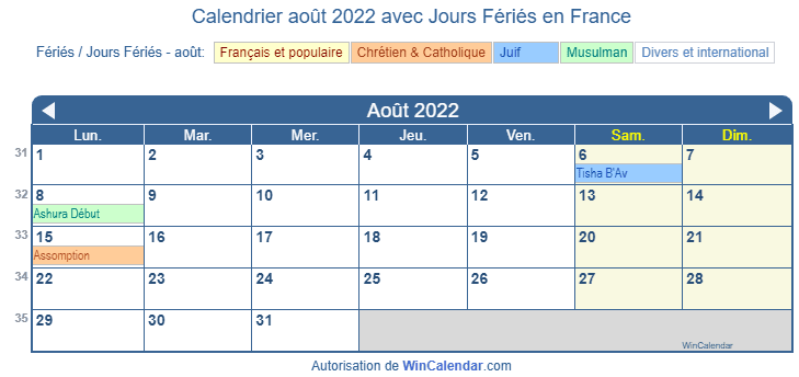 Calendrier août 2022 des fêtes religieuses et gouvernementales (FRA)