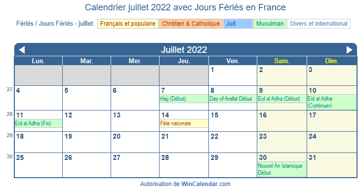 Calendrier juillet 2022 des fêtes religieuses et gouvernementales (FRA)