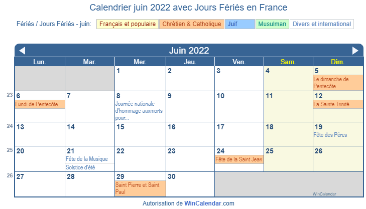 Calendrier juin 2022 des fêtes religieuses et gouvernementales (FRA)