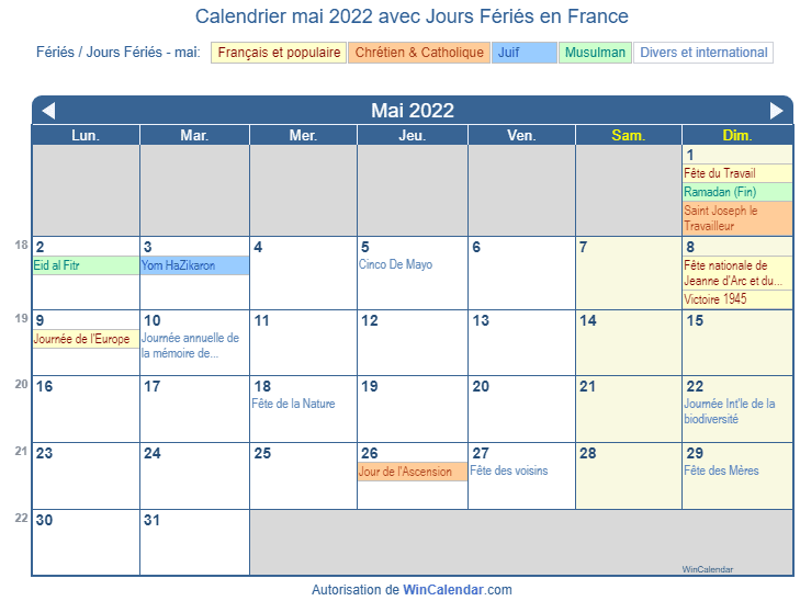 Calendrier mai 2022 des fêtes religieuses et gouvernementales (FRA)