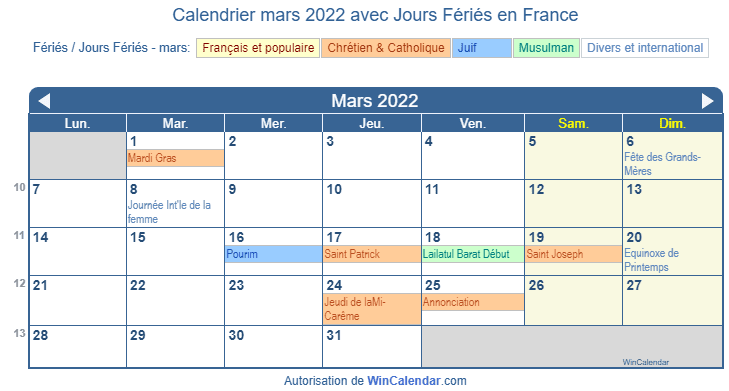 Calendrier mars 2022 des fêtes religieuses et gouvernementales (FRA)
