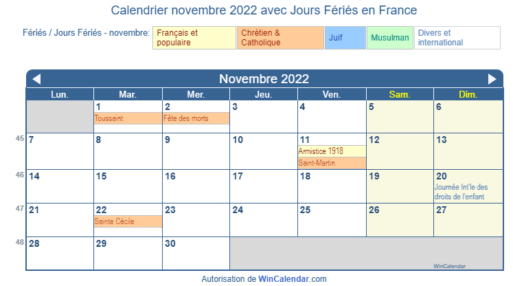 Calendrier novembre 2022 des fêtes religieuses et gouvernementales (FRA)