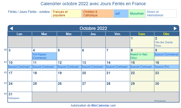 Calendrier octobre 2022 des fêtes religieuses et gouvernementales (FRA)