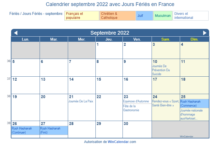Calendrier septembre 2022 des fêtes religieuses et gouvernementales (FRA)