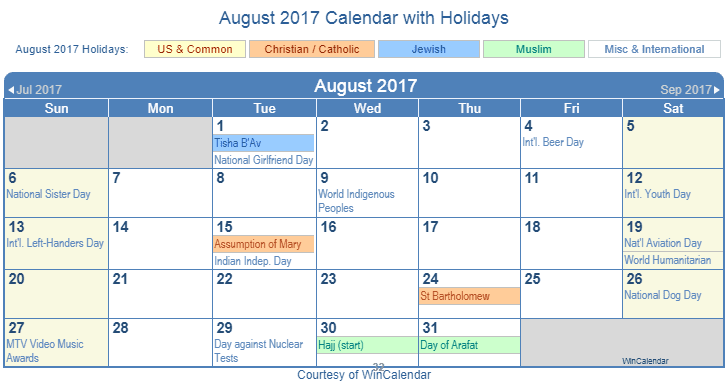 August 2017 Calendar With Holidays