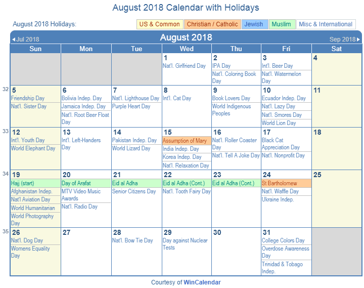 August 2018 Printable Calendar with US Holidays: Christian, Jewish and Muslim Holidays