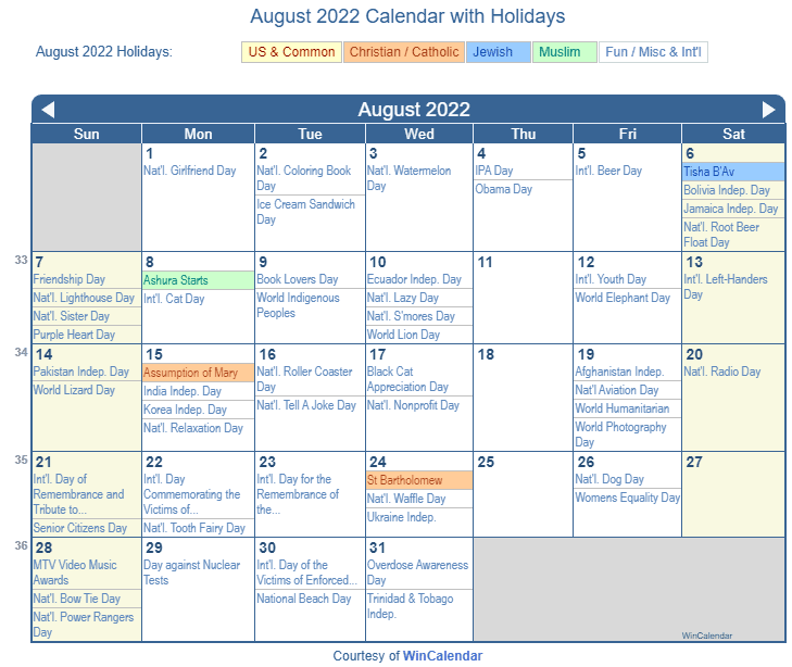 Print Friendly August 2022 US Calendar For Printing