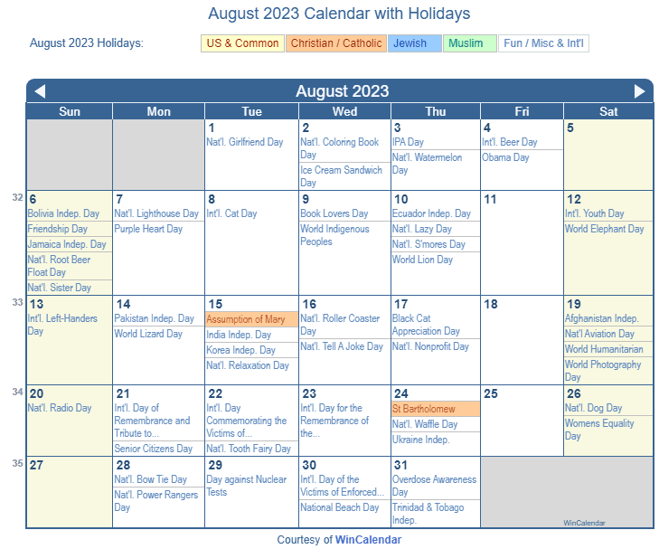August 2023 Printable Calendar with US Holidays: Christian, Jewish and Muslim Holidays