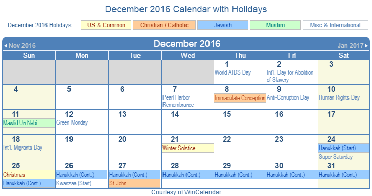 December 2016 Printable Calendar with US Holidays including: Christian, Jewish and Muslim Holidays