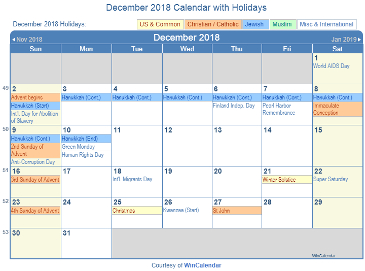 December 2018 Calendar Holidays