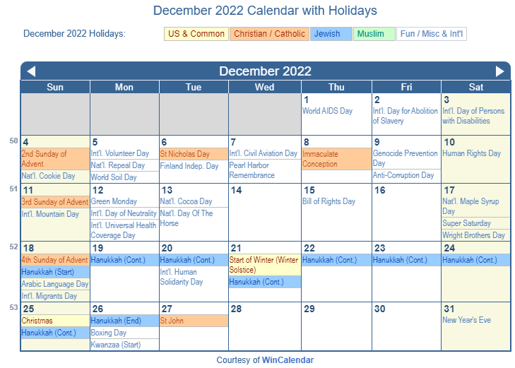 Christian Calendar 2022 December 2022 Calendar