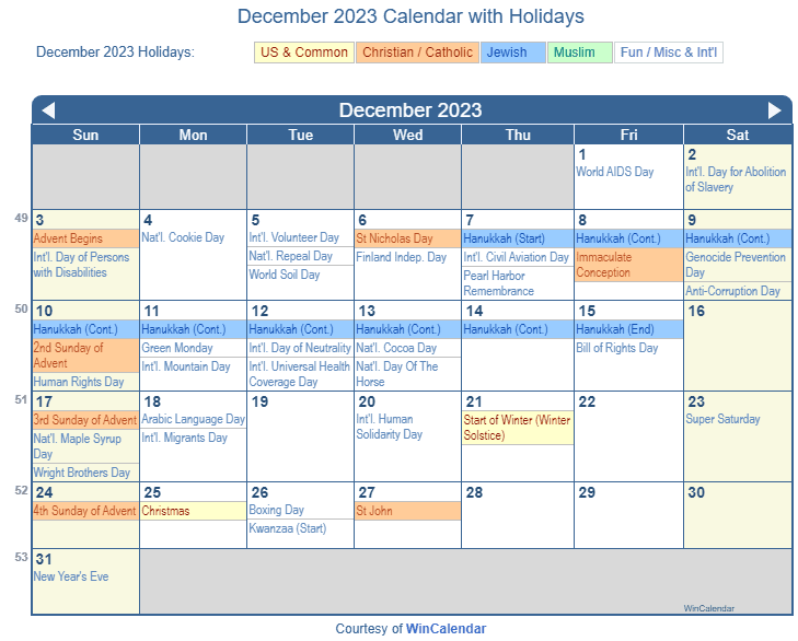December 2023 Printable Calendar with US Holidays: Christian, Jewish and Muslim Holidays