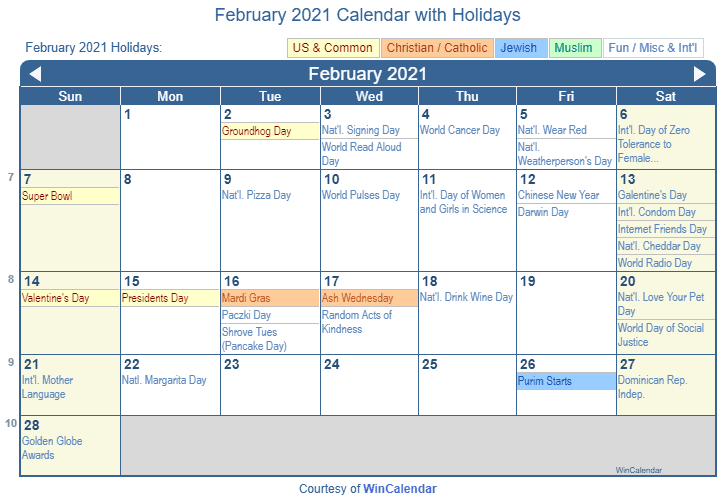 February 2021 Printable Calendar with US Holidays: Christian, Jewish and Muslim Holidays