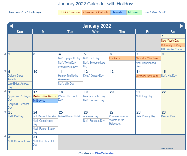 January 2022 Printable Calendar with US Holidays: Christian, Jewish and Muslim Holidays
