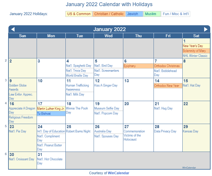 Print Friendly January 2022 Us Calendar For Printing