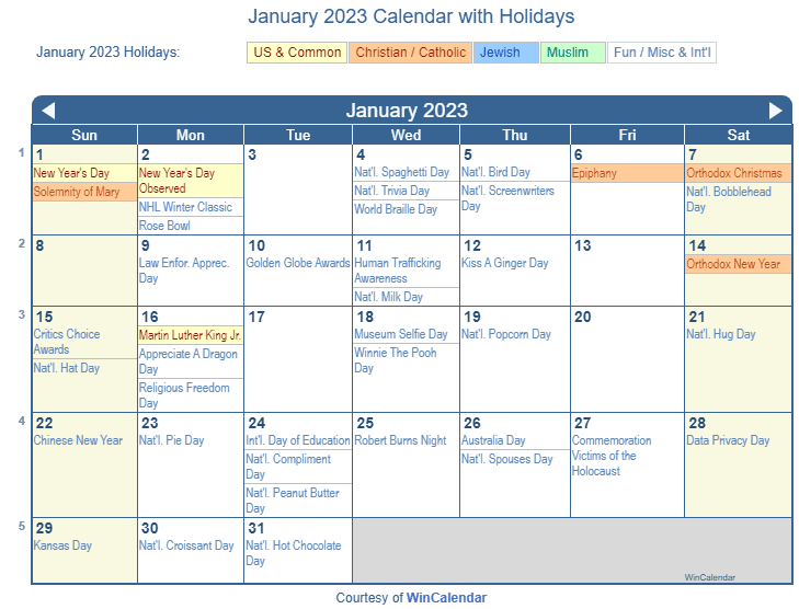 January 2023 Printable Calendar with US Holidays: Christian, Jewish and Muslim Holidays