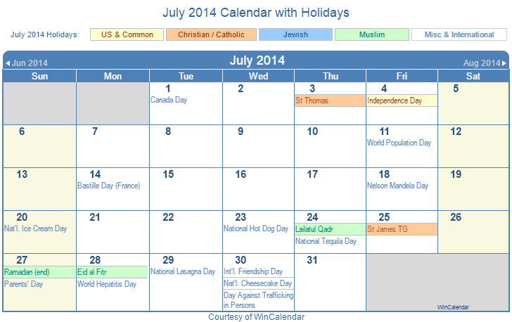 July 2014 Printable Calendar with US Holidays including: Christian, Jewish and Muslim Holidays
