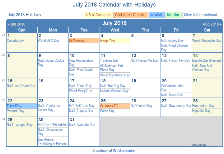 July 2018 Printable Calendar with US Holidays: Christian, Jewish and Muslim Holidays