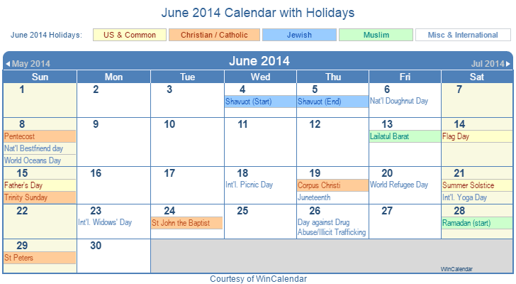 June 2014 Printable Calendar with US Holidays including: Christian, Jewish and Muslim Holidays