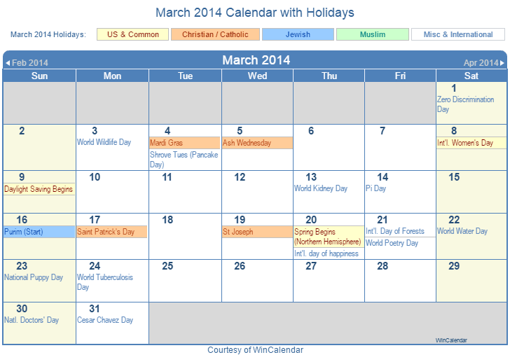 March 2014 Printable Calendar with US Holidays including: Christian, Jewish and Muslim Holidays