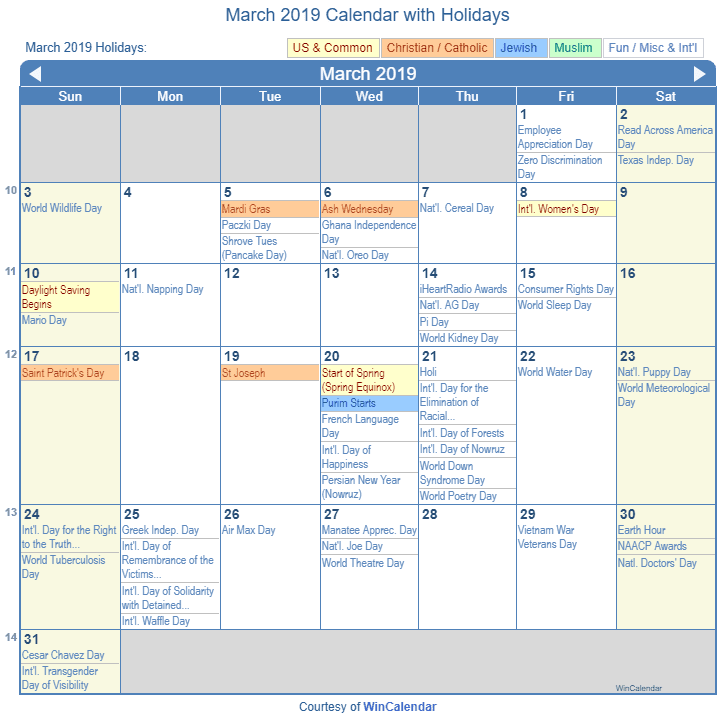Print Friendly March 2019 US Calendar for printing