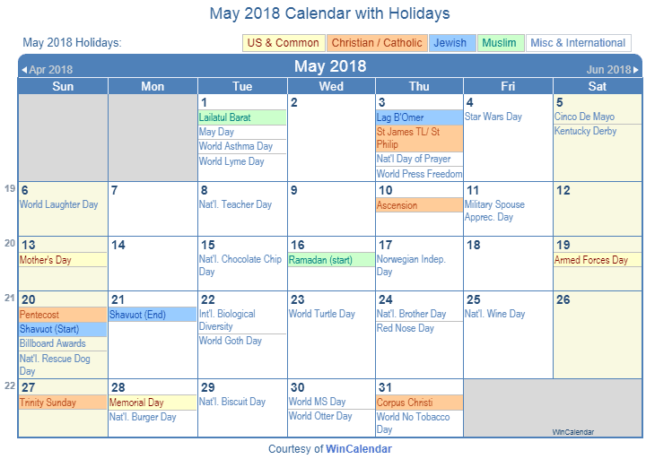 May 2018 Printable Calendar with US Holidays: Christian, Jewish and Muslim Holidays
