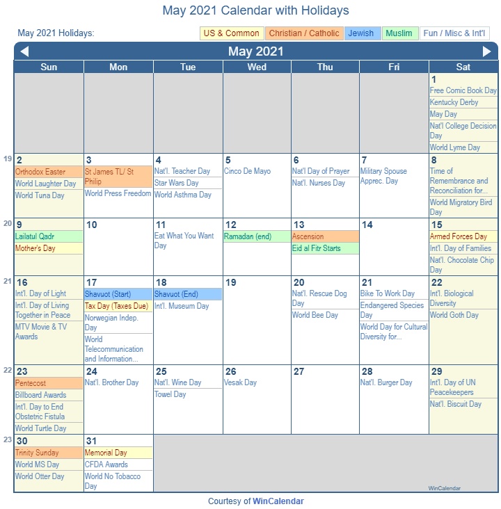 May 2021 Printable Calendar with US Holidays: Christian, Jewish and Muslim Holidays