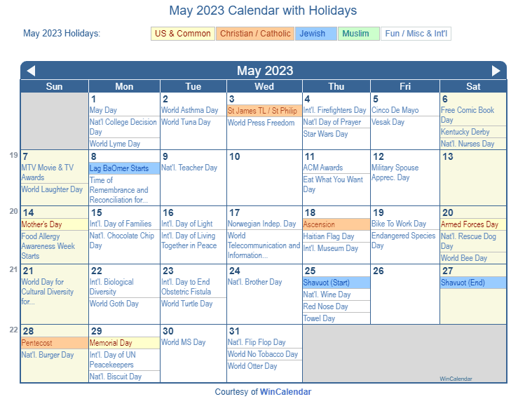 May 2023 Printable Calendar with US Holidays: Christian, Jewish and Muslim Holidays