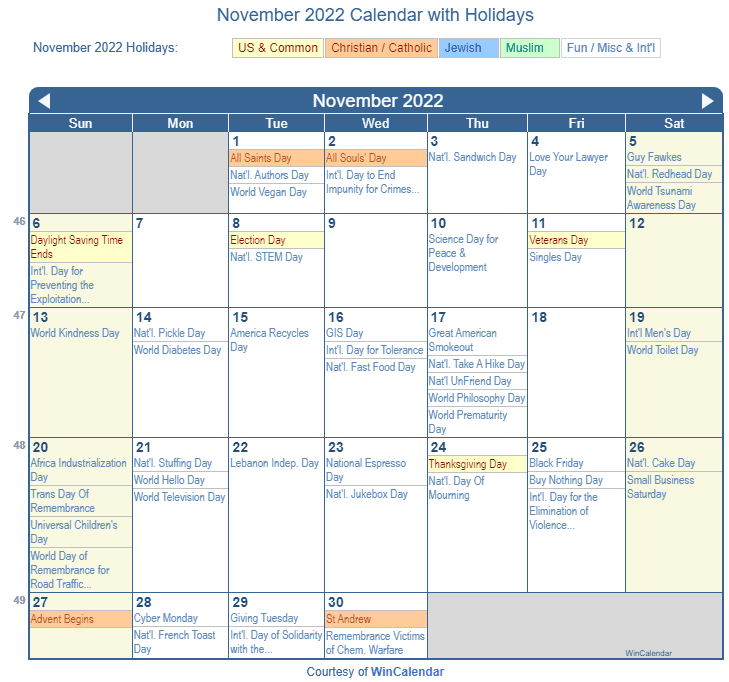 November 2022 Calendar With Holidays Usa - November Calendar 2022