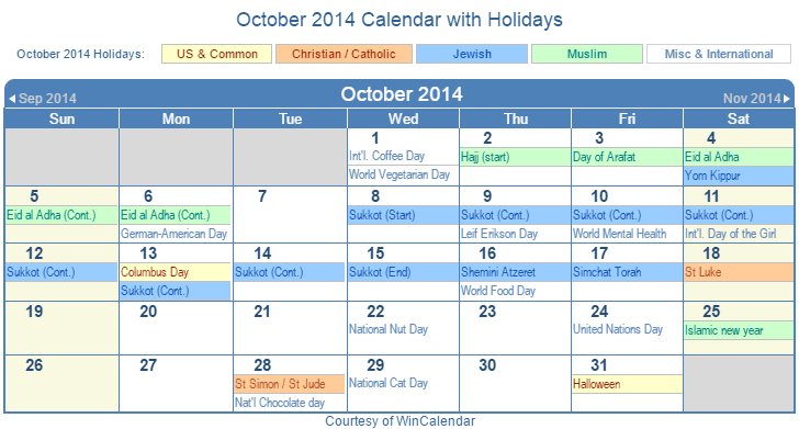 October 2014 Printable Calendar with US Holidays including: Christian, Jewish and Muslim Holidays